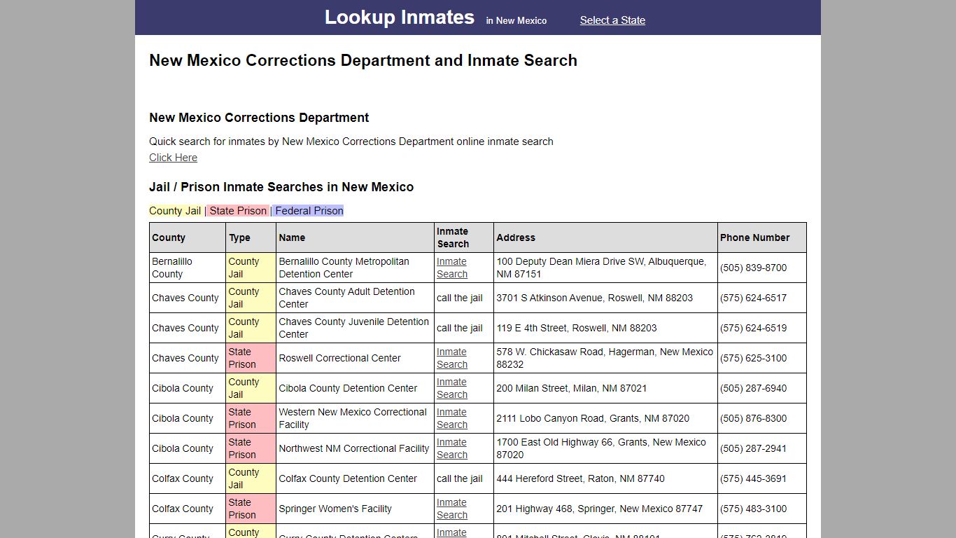 New Mexico Corrections Department and Inmate Search